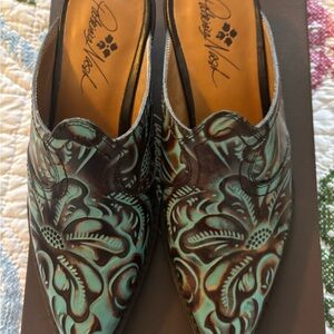 Floral Embossed Leather Mules